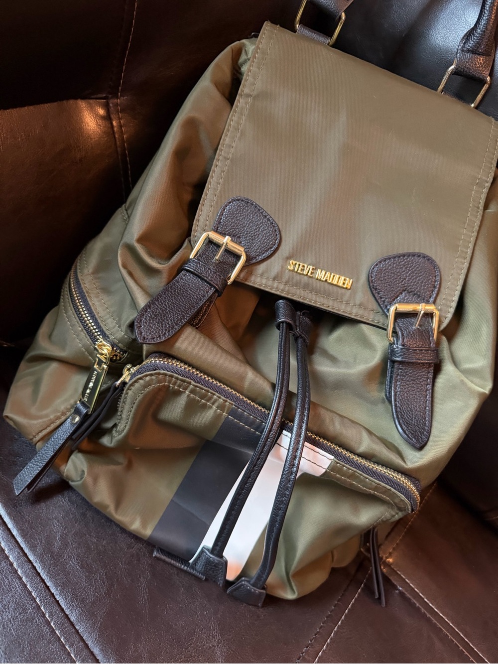 Steve Madden Olive Nylon Backpack with Black Trim and Gold Hardware